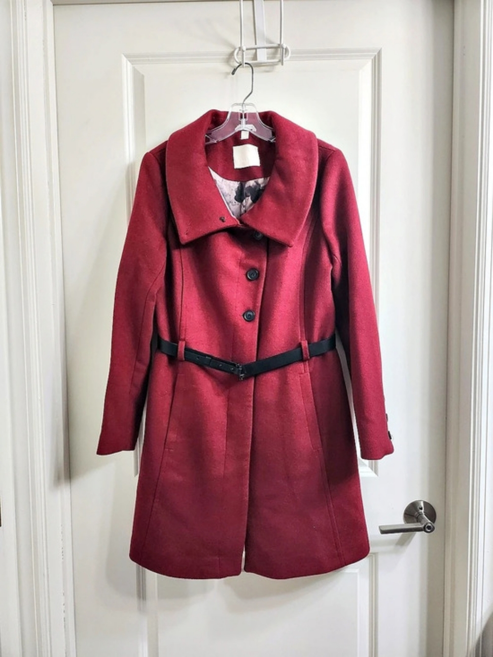 SOIA & KYO Belted Wool Blend Coat in Red Like New